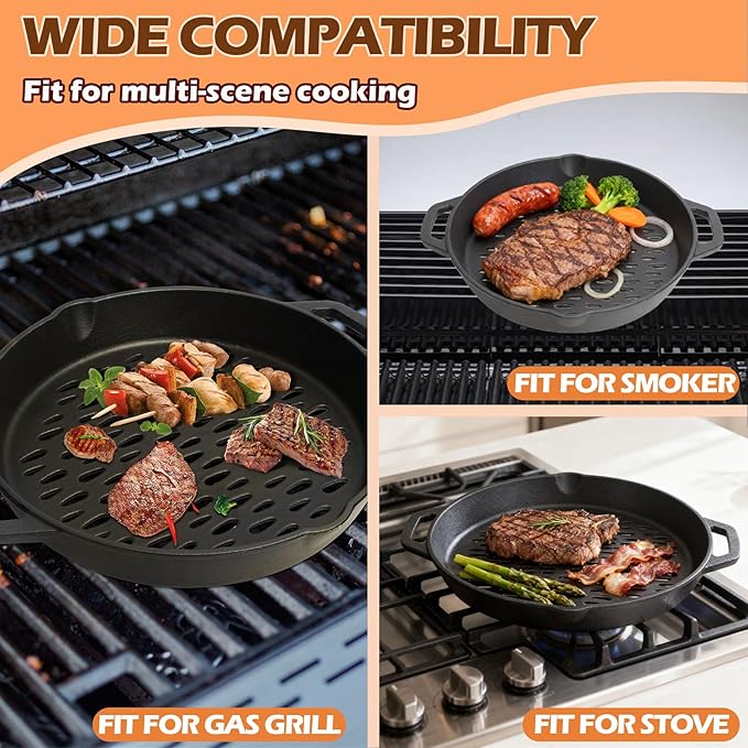 Round Cast Iron Grill Baskets for all Charcoal Smoker and Gas Grills,12 Inch Nonstick Cast Iron Grill Pan Tray Could Cooking Veggie Meat Fish -Dual Handle Grill Basket for All Outdoor Grills