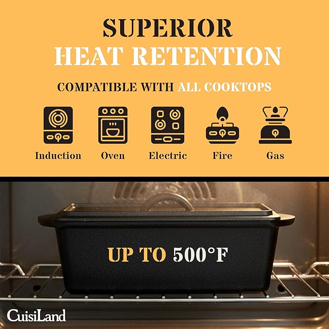 Cuisiland Rectangular Cast Iron Bread Loaf Pan, Heavy Duty 11x4.75x4,25" (14" L/Handles) with Lid (BLP137U)