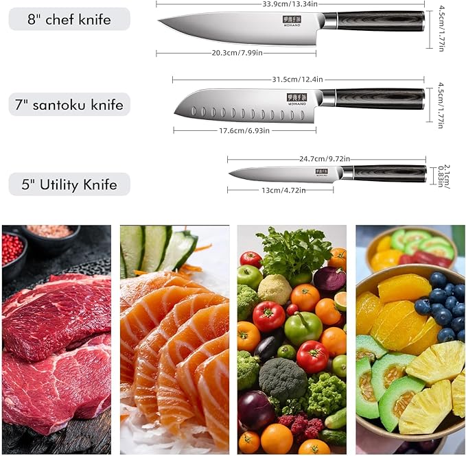 MDHAND Knife Set, 3PCS Professional Japanese Kitchen Knife Set, High Carbon Stainless Steel Chef Knife Sets with Balanced Pakkawood Handle, Including Chef, Santoku & Paring Knives, Elegant Box