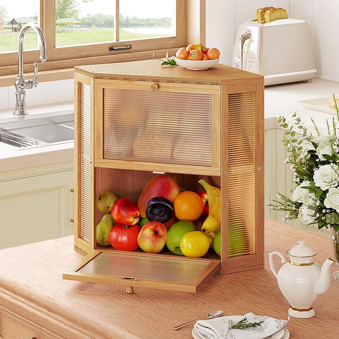 WOWLIVE Corner Bread Box for Kitchen Countertop, Double Layer Bamboo Bread Storage Container, Large Farmhouse Bread box with Acrylic Wavy Door Panel, Under Cabinet Organizer (Natural, Extra Large)