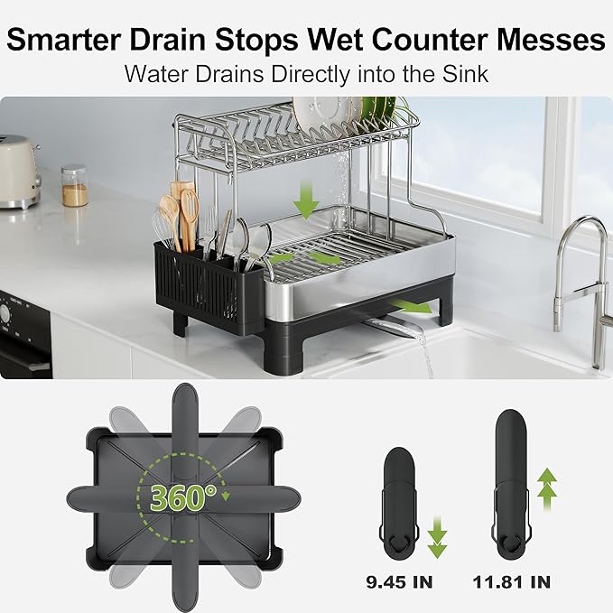 Extra Large Two Tier Stainless Steel Dish Drainer Drying Rack with Drainboard for Kitchen Counter, Modern Black and Silver, Rust Proof Metal, Space Saving Double Countertop Big Plates Dryer and Tray