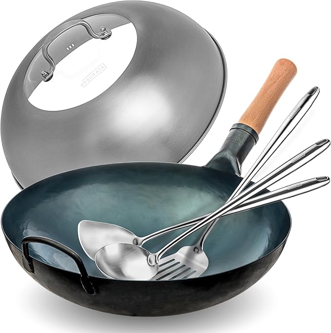 YOSUKATA Blue Round Bottom Wok Pan – 14" Woks and Stir Fry Pans + Wok Lid 13.6 Inch - Premium Stainless Griddle Dome with Tempered Glass + 17" Wok Spatula and Ladle and Turner