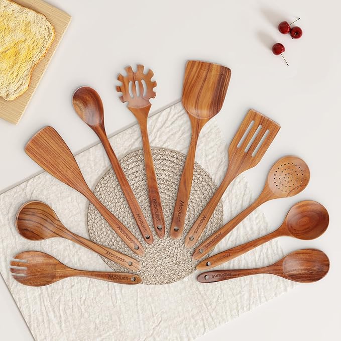10-Piece Wooden Spoons for Cooking - Natural Teak Cooking Utensils with Premium Gift Box - Kitchen Gift Set -Soft Comfort-Grip Wood Spoons for Cooking