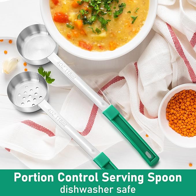 2 Pcs Portion Control Serving Spoons, Restaurant Measuring Serving Ladle Utensils, Portion Spoons for Weight Loss, Kitchen (Green,4 oz,Solid and Slotted)