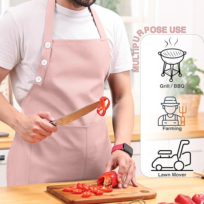 TOSHE Kitchen Apron Waterdrop Resistant Cotton Apron with adjustable Aprons for Women with Pockets 10 Color option Cooking Powder Pink Apron (Powder Pink)