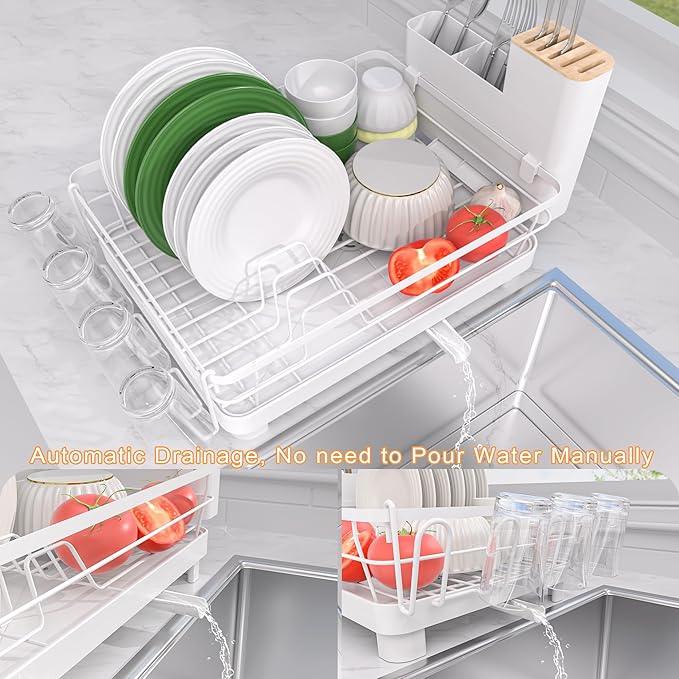Runnatal Dish Drying Rack, Stainless Steel Dish Rack with Drainboard for Kitchen Counter and Sink, Detachable 2-in-1 Utensil Holder, Cup Holder, Large Capacity Dish Drainer, White