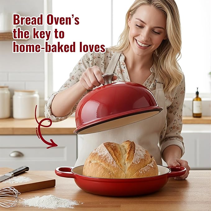 4.5 QT Dutch Oven for Bread Baking, Cast Iron Bread Oven for Sourdough, Enamelled Bread Dutch Oven with Lid, Heavy-Duty Non Stick Bread Pot, Red