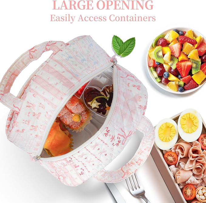 Quilted Lunch Box for Women,Lunch Box for Teen Girls,Cute Bow Patchwork Lunch Bags for Work, School,Office,Picnic,Travel(bow patchwork)