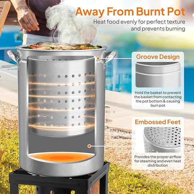 Bonnlo 44QT Turkey Fryer Pot with Steamer Basket, Lid & Lifting Hook, Stainless Steel Seafood Boil-Pot for Lobster, Crab & Shrimp, Heavy-Duty Deep Stockpot for Outdoor Boiling, Cooking & Frying