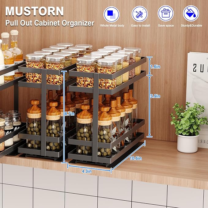 4 Pack Pull Out Spice Rack Organizer for Cabinet, 2 Tier Metal Slide Out Seasoning Organizer and Storage Heavy Duty Vertical Spice Rack Shelf Pullout for Kitchen Cabinets No Drilling (Black)