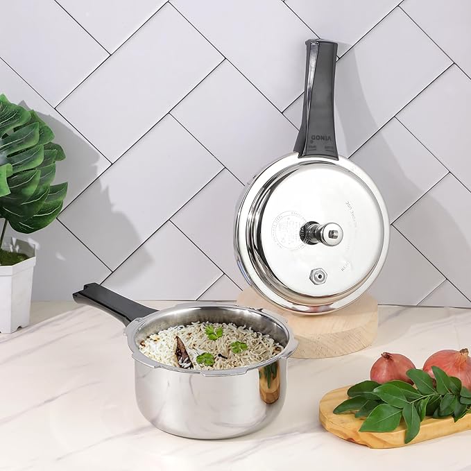 Vinod Platinum Triply Stainless Steel Outer Lid Pressure Cooker102 oz Capacity - ISI Certified, Silver, Induction Friendly, Pressure Cooker for Home Cooking