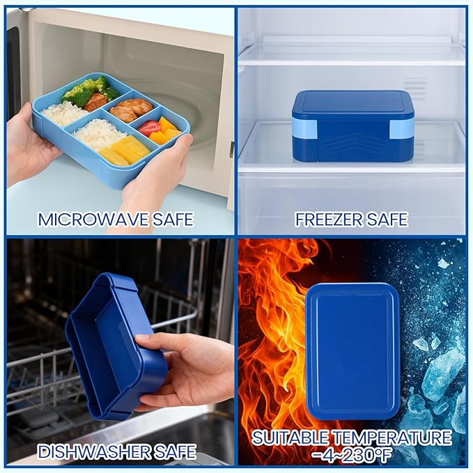 6-compartment Bento Box, 50oz Lunch Container with Utensils & Sauce Cup, Microwave & Dishwasher Safe, Leakproof Lunch Box for Adults Men Women(Royal Blue)