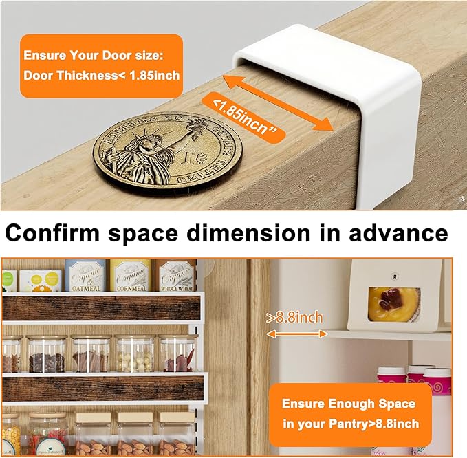 Over The Door Pantry Orangizer,8 Tier Wall Mounted or Hanging Spice Rack with Adjustable Wood Basket,Metal Heavy Duty Behind Door Storage Shelf for Kitchen Pantry and Bathroom