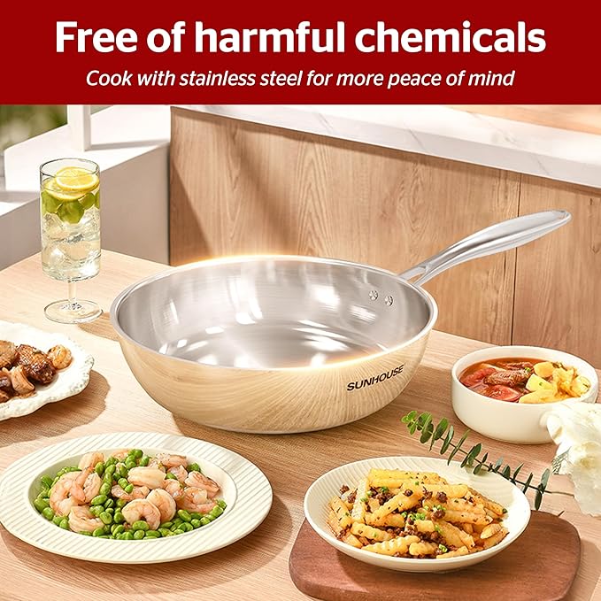 Sunhouse – 10 Inch / 26 cm Stainless Steel Frying Pan, Tri-Ply Stainless Steel Construction, PFOA-FREE, Stay-Cool Handle, Induction Compatible with All Cooktops, Dishwasher Safe