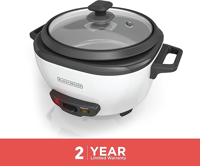 BLACK+DECKER Rice Cooker 6-Cup (Cooked) with Steaming Basket, Removable Non-Stick Bowl, White