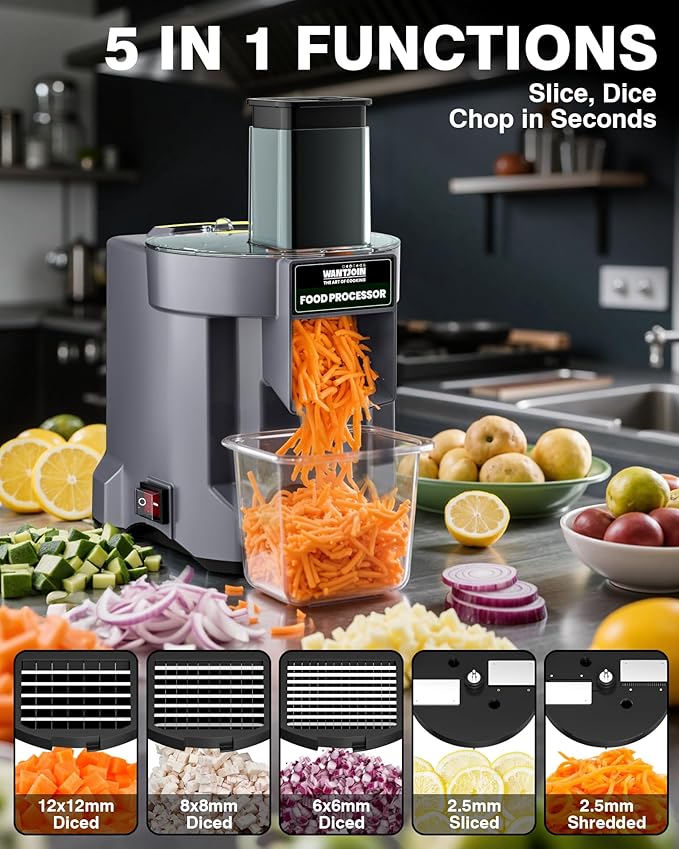 WantJoin 5-in-1 Electric Food Processor & Vegetable Chopper - Multifunctional Commercial Dicer with Stainless Steel Blades for Slicing (2.5mm), Dicing (6/8/12mm), Chopping (2.5mm), Shredding