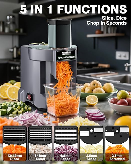 WantJoin 5 in 1 Electric Vegetable Chopper - Multifunctional Commercial Food Processor with Stainless Steel Blades for Slicing(2.5mm), Dicing(6/8/12mm), Chopping(2.5mm), Shredding