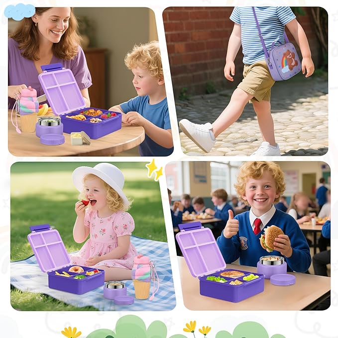 Lunch Box Kids with 5 Compartments, Insulated Food Jar & Utensil & Sauce Container & Lunch Bag & Silicone Collapsible Cup, Leak Proof Bento Box, BPA-Free & Dishwasher Safe-Deep Purple