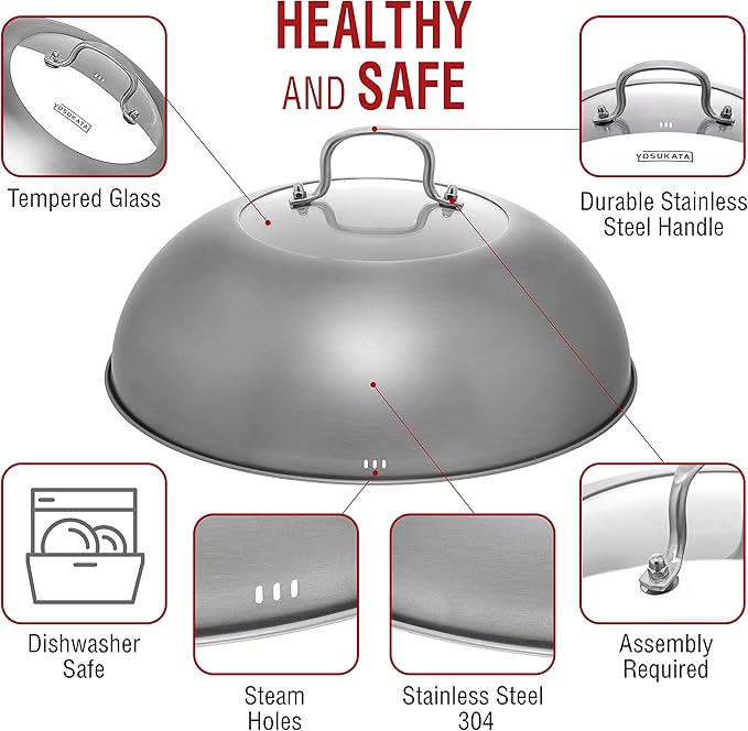 YOSUKATA Blue Round Bottom Wok Pan – 14" Woks and Stir Fry Pans + Wok Lid 13.6 Inch - Premium Stainless Griddle Dome with Tempered Glass + 17" Wok Spatula and Ladle and Turner