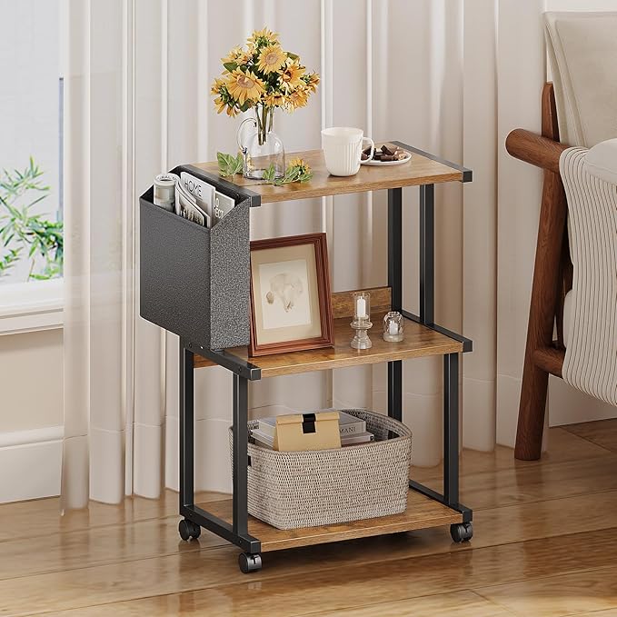 Ostreeful 3 Tier Printer Stand Rustic Brown Printer Mobile Wooden Printer Shelf Table Organizer for Home Office Kitchen