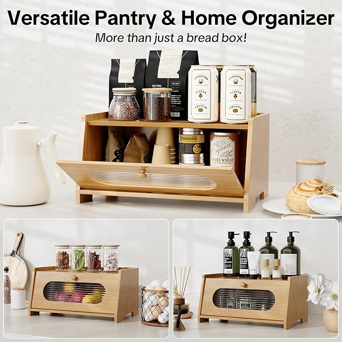 Bamboo Bread Box for Kitchen Countertop,Large Capacity Kitchen Countertop Organizer,Bread Storage with Acrylic Window for Cabinet,Pantry,Cupboard