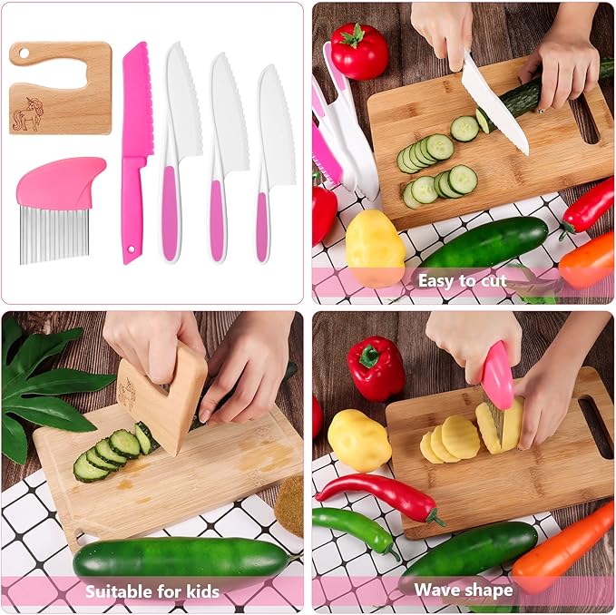 7 Pieces Wooden Kids Kitchen Knife Include Wood Kids Knife Plastic Potato Slicers Cooking Knives Serrated Edges Toddler Plastic Resistant Gloves for Kitchen Children
