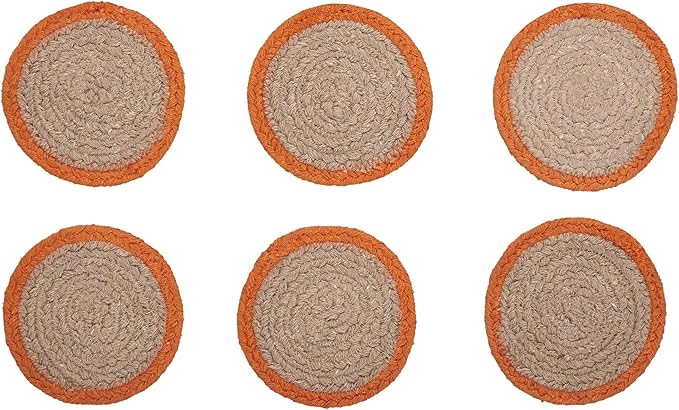VHC Brands Harvest Blessings Natural Stencil Pumpkin Jute Coaster Set of 6, Decorative Fall Coasters, Table Decor for Fall Thanksgiving and Halloween