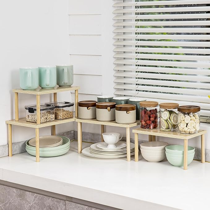 Wood Cabinet Organizer Shelf, Set of 4 Kitchen Counter Shelves, Stackable Spice Organization for Cabinet, Pantry Cupboard Dish Mug Cup Storage Shelf