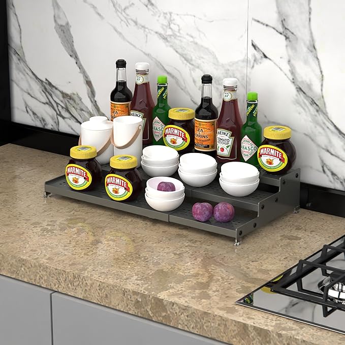 Metal Spice Rack Organizer for Cabinet, 3 Tier Expandable Spice Storage Shelf, Great for Kitchen Cabinets, Cupboard,Pantry and Countertop More,Metal Plate with Hole(3PACKS/Gun-Grey)