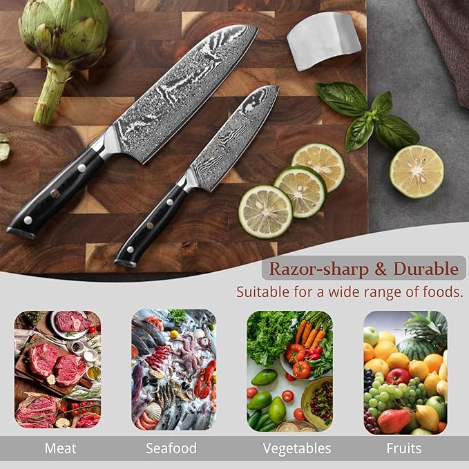 Wakoli Nitoko 2-Piece Kitchen Knife Set – Professional Damascus Chef Knives | 67-Layer VG10 Core Steel | Ergonomic G10 Handle | Santoku Knife & Small Santoku in Wooden Gift Box