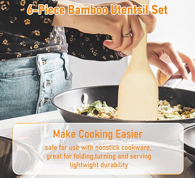 Wooden Spoons & Spatulas 6-Piece Bamboo Kitchen Utensil Set - Natural Material Scraper & Strainer Cooking Tools