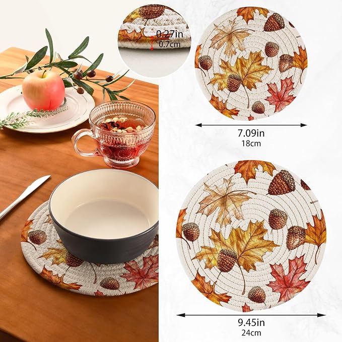 Maple Leaves Acorns Kitchen Trivets Pot Holders Set of 2, Trivets for Hot Pots Dishes Woven Trivet Coaster Pad Mat for Counter