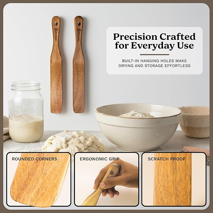 Pack 02 Wooden Spurtle Spatulas for Sourdough Starter, Mixing & Reaching Bottom of Jars – 100% Acacia Wood Dough Whisk & Jar Spatula, Non-Stick Safe Kitchen Tools for Baking, Cooking, and Spreading