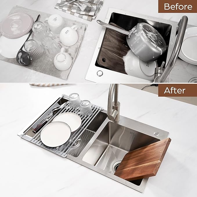 Multipurpose Roll-Up Dish Drying Rack - Silicone Wrapped, Heat-Resistant, Anti-Slip - Perfect for Small Kitchen Sink, 17" x 13"