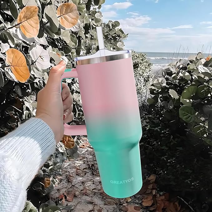 Stainless Steel 40 oz Tumbler with Handle, Insulated Travel Mug, Leak-Proof Lid, Vacuum Cup for Men & Women - Bubble Gum