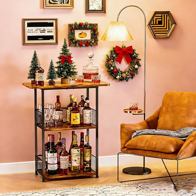 Floor Standing Freestanding Whiskey Rack: 3 Tier Wine Rack Mini Bar Table Corner Wine Bottle Display Stand Liquor Cabinet Bar, for Bottles,Cocktail Shaker,Mugs