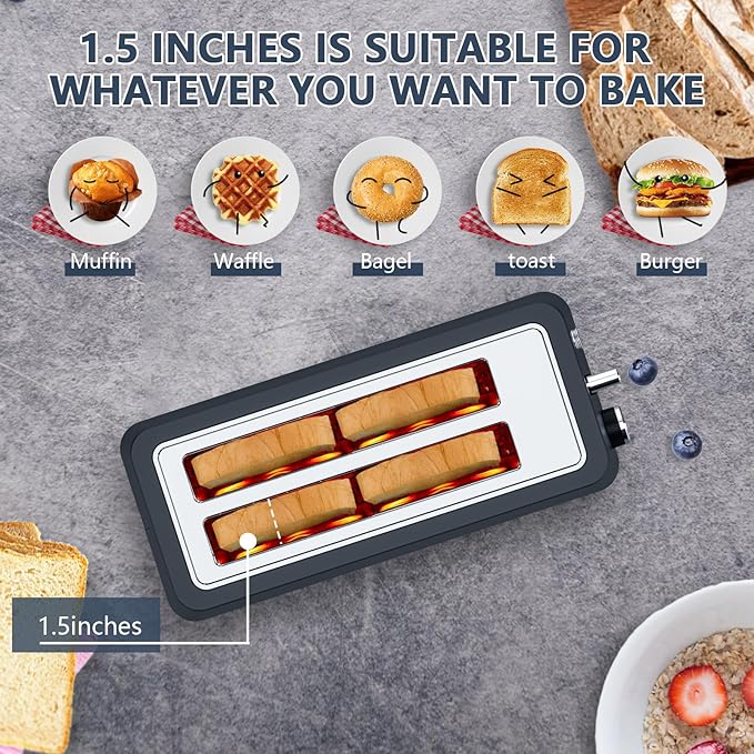 4-Slice Toaster, Extra Wide Long Slot Toaster with Warming Rack, 6 Browning Settings, Bagel/Defrost/Reheat Functions, Removable Crumb Tray, Stainless Steel Housing,Black