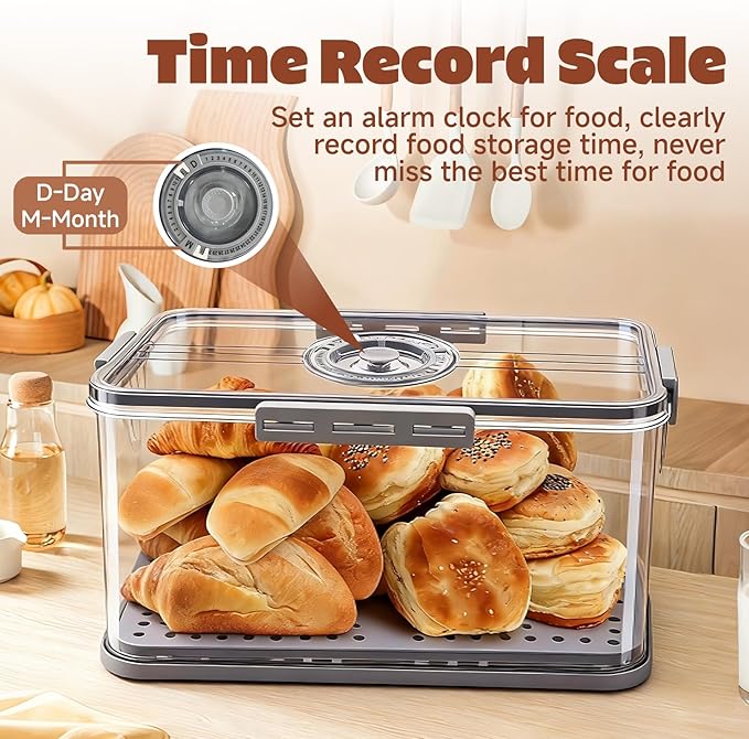 Bread Box for Kitchen Countertop | Airtight Bread Storage Container with New Upgrade Time Recording Lid – Bread Keeper for Homemade Bread, Donuts, Bagels, Toast, and Cookies