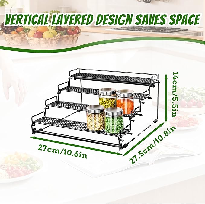 4 Tiered Countertop Spice Rack Organizer for Cabinet, Metal Tiered Spice Holder Storing 24 Spices Jars, Multipurpose Seasoning Shelf for Cupboard, Pantry, Kitchen Storage (1 Pcs)
