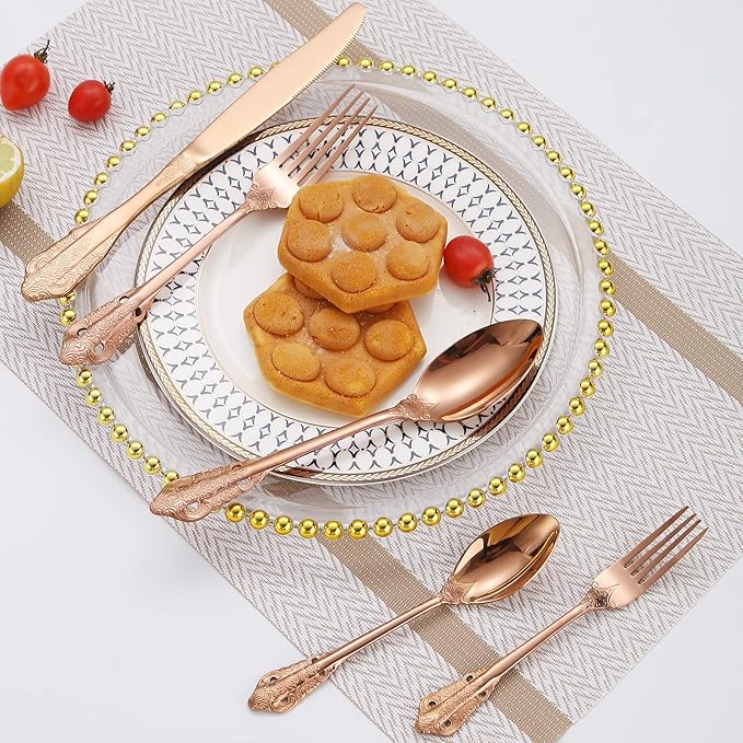 Royal Silverware Set for 8 Copper/Rose Gold Stainless Steel Flatware Retro Cutlery Vintage Eating Utensils Carved Design for Home Kitchen Restaurant Parties