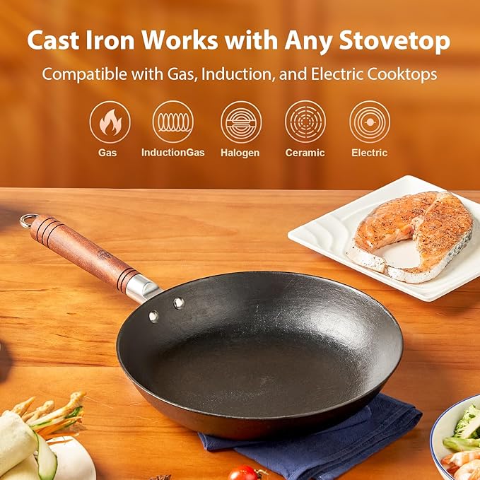 WANGYUANJI 11 Inch Cast Iron Skillet with Glass Lid, Deep Flat Bottom Frying Pan, Uncoated Naturally Nonstick Pan for Steak, Eggs & Stir-Fry, Compatible with Gas, Electric & Induction Cooktops