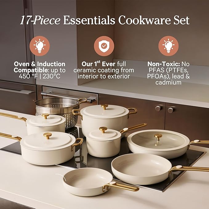 Our Place 17-Piece Essentials Complete Cookware Set - Ceramic Fry Pans, Saucepans, Sauté Pan, Stock Pot, Strainer Basket & Modular Storage | Thermakind™ Nonstick, Oven Safe up to 450°F | Cream