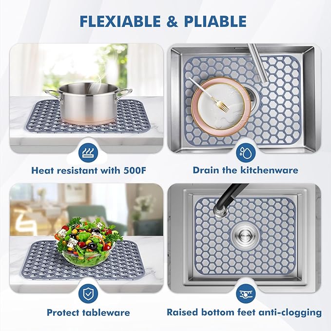 Silicone Sink Protectors for Kitchen Sink with Center Drain - 16.2"x12.5" Kitchen Sink Mats Accessory, Non-Slip Heat Resistant Sink Mat for Bottom of Farmhouse Porcelain Stainless Steel Sink
