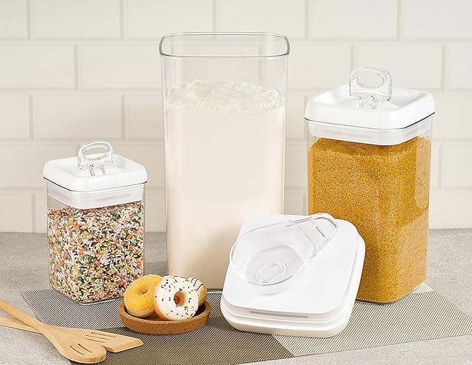 Felli Flip Tite Acrylic Food Storage Container with Lid 6” XL Air Tight Ring Seal Flip Top, Plastic Kitchen Baking Canister for 5 lb Flour Sugar Rice Protein Powder Pantry Organizer (Nest-L, White)