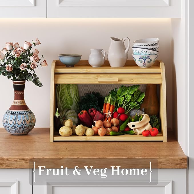 Bread box for kitchen countertop, Bamboo bread storage, Roll-Top bread container, Farmhouse bread holder for homemade bread (single layer)