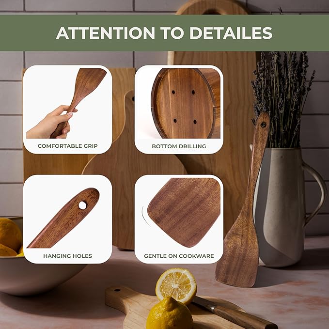 Vasilek Wooden Utensil Set XXl – 13 Piece Acacia Wood Cooking Tools with Round Holder for Nonstick Cookware with Holder & Spoon Rest – Wooden Spoons for Cooking, Spatula, Spurtle