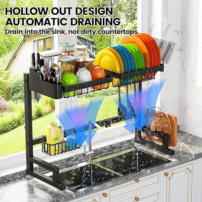 ADBIU Fit Sink 24.5"- 35.5" L Over Sink Dish Drying Rack (Expandable Dimension) Snap-On Design 2 Tier Large Kitchen Dish Rack Stainless Steel Counter Organization and Storage