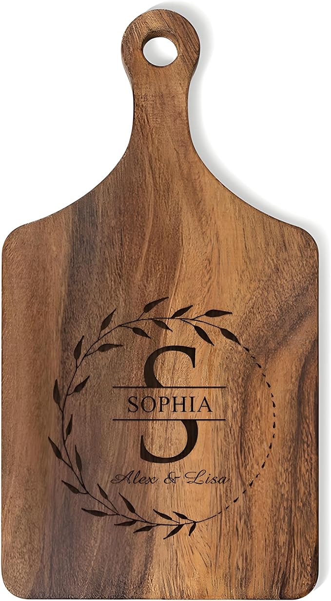 Personalized Wood Engraved Charcuterie Boards with Handle - Custom Reversible Cutting Board S M L - Customized Bridal Shower, Wedding, Anniversary and Housewarming Gifts(Engraved Wreath)
