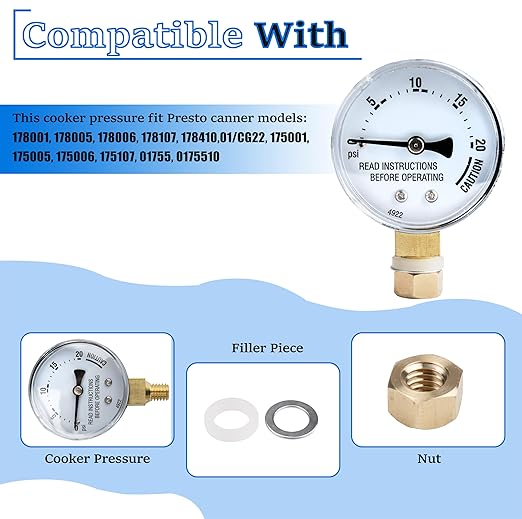 Stainless Steal Cooker Pressure Guage,Replacement for Presto 85772 Pressure Cooker Canner Steam Gauge 82237 82121- Fit Presto Canner Models 175107 01755 0175510 178001 178005