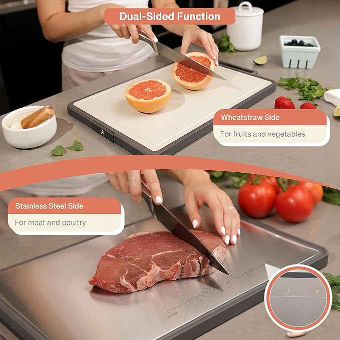Extra-Large Cutting Board 19"x12.6" – Dual-Sided 304 Stainless Steel & Wheat Straw PP, Reversible Design with Juice Groove, Dishwasher Safe, Built-in Handle, Designed for Meat, Fruit, & Vegetable Prep
